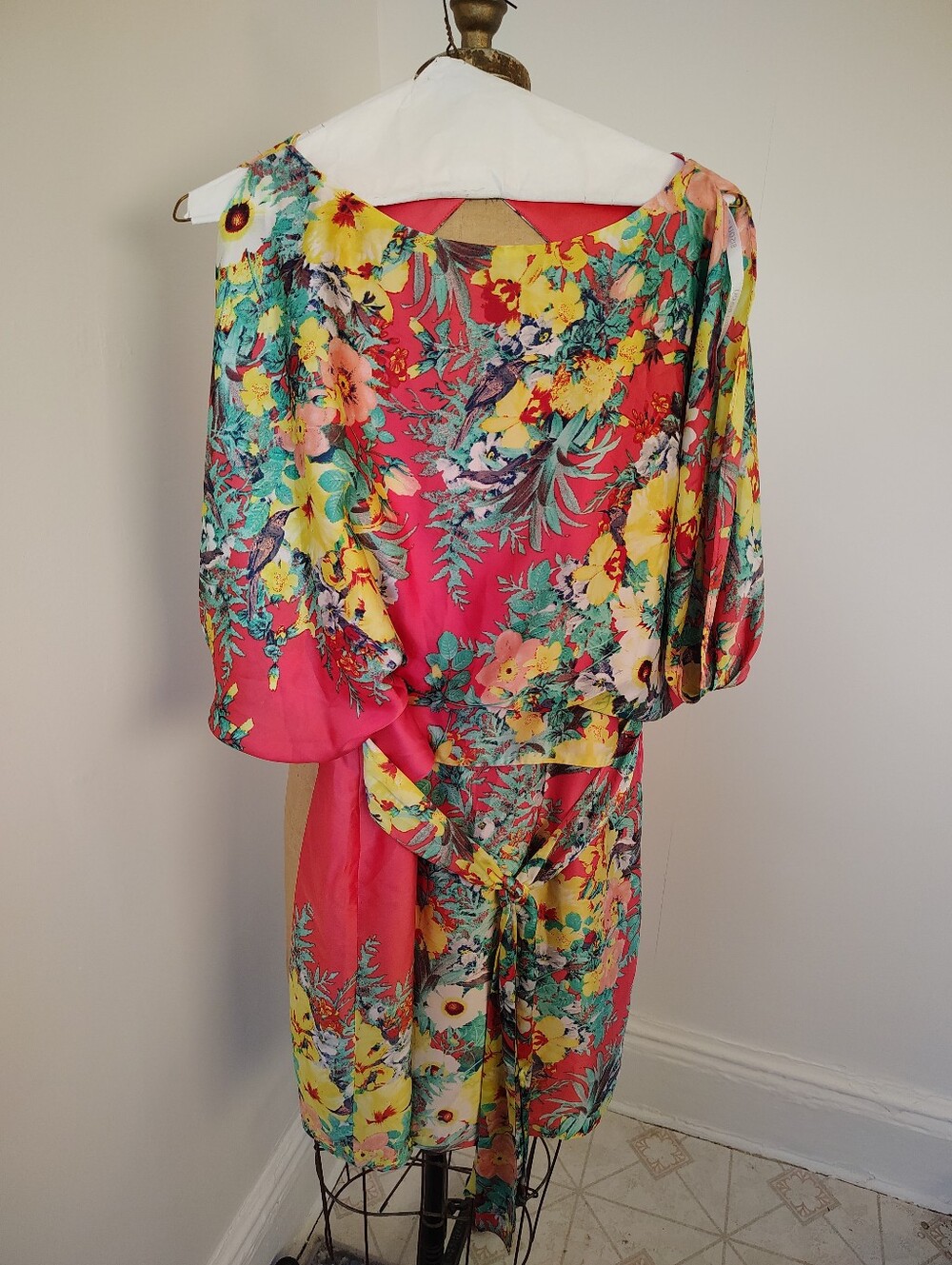 Bisou Bisou Floral Pink Yellow Green Tie-Waist Dress